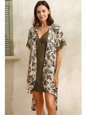 Ieg™ Dokuma Viskon Çiçek Baskılı Sabahlık ve Dantelli Kısa Gecelik Takımı