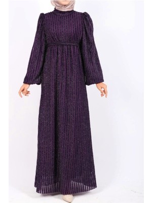 Modamorfo Kolu Lastikli Sim Çizgili Kemerli  Elbise -Mor