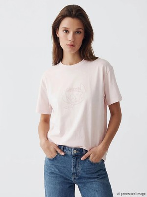 LC Waikiki Lcw Modest Pembe Bisiklet Yaka Stitch Baskılı Kadın Tişört