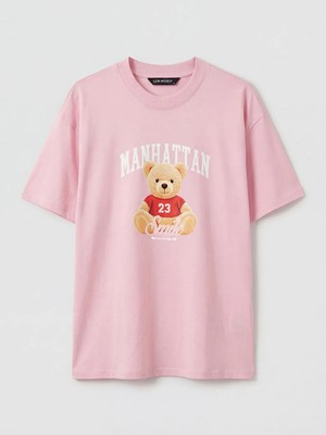 LC Waikiki Lcw Modest Pembe Bisiklet Yaka Manhattan Baskılı Kadın Tişört