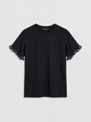 LC Waikiki Lcw Comfort Siyah Bisiklet Yaka Fırfırlı Kadın Tişört