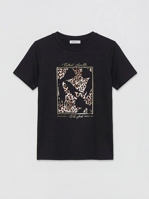 LC Waikiki Lcwaıkıkı Classic Siyah Bisiklet Yaka Baskılı Kadın Tişört