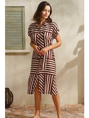 Toyigoo Ieg™ Günlük Kısa Kol V Yaka Kadın Viskon Çizgili Yazlık Uzun Elbise