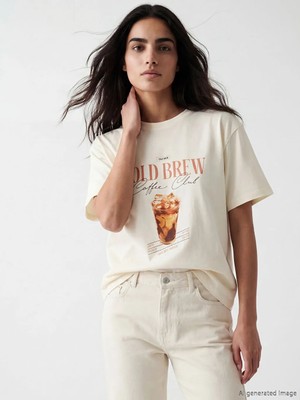 LC Waikiki Lcw Vision Ekru Bisiklet Yaka Baskılı Oversize Kadın Tişört