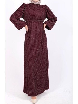 Modamorfo Kolu Lastikli Sim Çizgili Kemerli  Elbise -Bordo