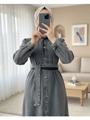 Modamorfo Boydan Düğmeli Eteği Fırfırlı Kot elbise  -Gri