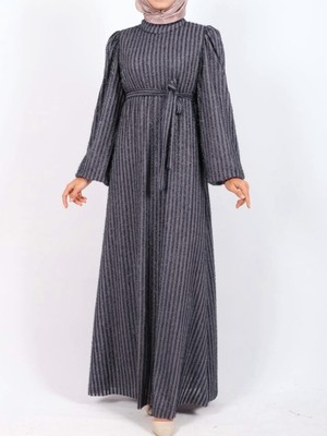 Modamorfo Kolu Lastikli Sim Çizgili Kemerli  Elbise -Gri