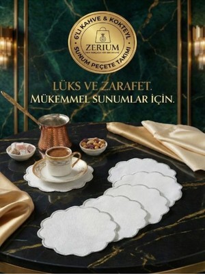 Zerium Premium 6’lı Kokteyl ve Kahve Altı Sunum Peçetesi Gümüş Nakış Serisi