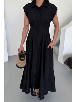 Infivento Jakarlı Keten Elbise Önden Yırtmaçlı Cepli - Siyah