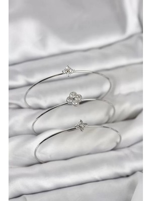 Senka Zirkon Taşlı Gümüş Renk Yonca Tasarım 3'lü Kadın Bileklik Kombini - TJ-BB8352