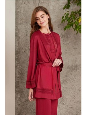 Pierre Cardin 2800 Kadın Bordo Dantelli Penye 3'lü Sabahlıklı Pijama Takım