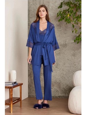 Pierre Cardin 2820 Kadın Lacivert Dantelli Penye 3'lü Sabahlıklı Pijama Takım