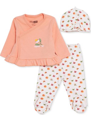 Hellobaby Kız Bebek Zıbın-Şapka-Alt Kalp Baskılı Çıtçıtlı V Yaka Long Sleeve Patikli