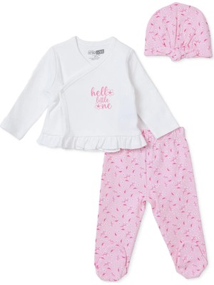 Hellobaby Kız Bebek Zıbın-Şapka-Alt Çiçek Baskılı Çıtçıtlı V Yaka Long Sleeve Patikli