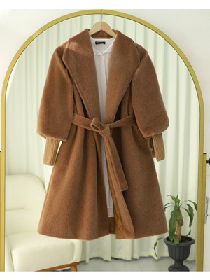 Moda Morfo Kolu Ribanalı Şal Yaka Astarlı Kaşe Kaban  -Taba