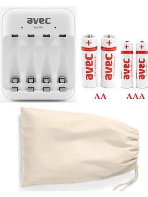 Avec AV-CH03 USB Pil Şarj Cihazı (4'lü)+2 Adet Şarj Edilebilir Avec 1100MAH Aa Kalem Pil+2 Adet 600MAH Aaa Ince Pil