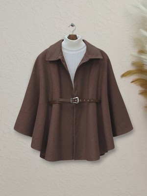 Modamorfo Omuzu Düğmeli Beli Kemerli Kaşe Panço -Kahve