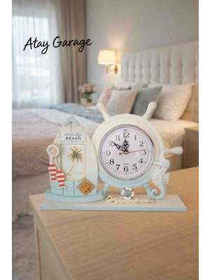 Atay Garage Deniz Temalı Dekoratif Masa Saati & Fotoğraf Çerçevesi – Marin Tasarım Vintage Saat