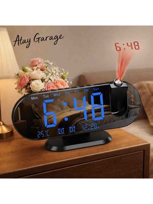 Atay Garage Projeksiyonlu LED Dijital Saat & Alarm – Aynalı Tasarım, Sıcaklık Göstergeli, Modern Masa Saati