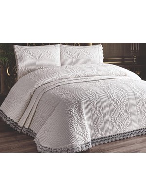 Çeyiz Diyarı Limena Dantelli Ultrasonik Yatak Örtüsü Krem Pamuk Desenli Çift Kişilik 250 x 260 cm