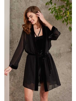 Pierre Cardin Dantelli Kadife Tulum Sabahlık Takım 4800 Siyah