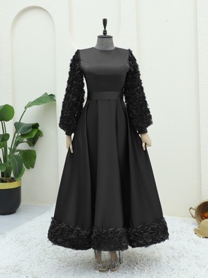 Modamorfo Eteği ve Kolları Gül Detaylı Saten Abiye -Siyah