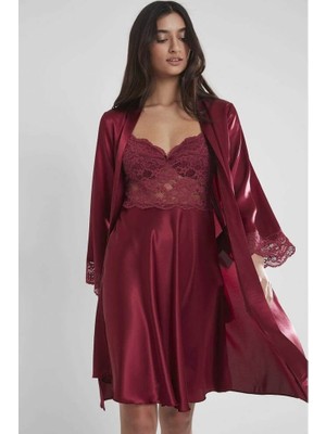Pierre Cardin Bordo Sütyen Kaplı Sabahlık Gecelik Set 4265