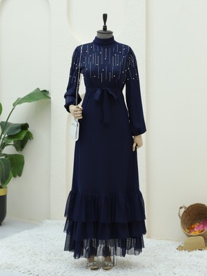 Modamorfo Üstü Taş Detaylı Kolu Lastikli Kemerli Şifon Elbise -Laci