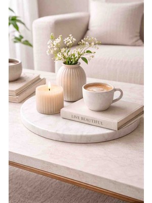 Marbello 25 cm Yuvarlak Kuvars Mermer Sunumluk – Minimal Dekoratif Kahve & Sunum Tabağı