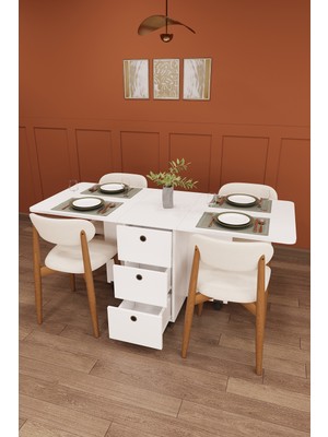 Asra Trend Lüks Katlanır Mutfak Yemek Masası Takımı %100 MDF Çekmeceli Çalışma Masası Sandalye KMS100