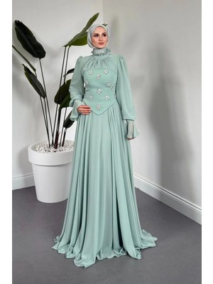 Merven Akyüz Lumiere Seyyar Korseli Şifon Abiye Mint
