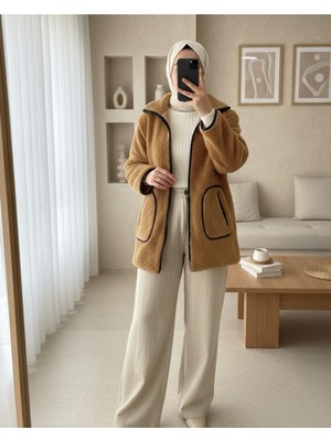 Modamorfo Çift Cepli Fermuarlı Astarlı Peluş Mont  -Tarçın