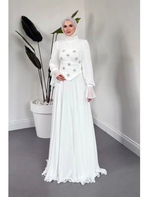 Merven Akyüz Lumiere Seyyar Korseli Şifon Abiye Beyaz