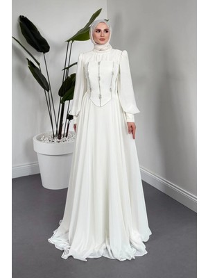 Merven Akyüz  Saphielle Seyyar Taşlı Korseli Abiye Beyaz