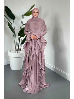 Merven Akyüz Naruna Pelerinli Fırfırlı Abiye Rose