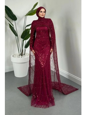 Merven Akyüz Ardina Pelerinli Boncuk Işlemeli Balık Abiye Fuşya