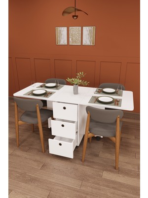 Asra Trend Lüks Katlanır Mutfak Yemek Masası Takımı %100 MDF Çekmeceli Çalışma Masası Sandalye KMS100