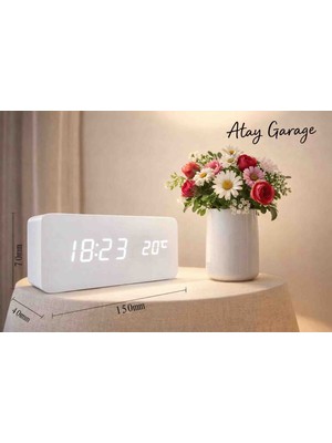 Atay Garage Ahşap Desenli LED Dijital Saat – Masa & Komodin Saat | Sıcaklık Göstergeli Modern Tasarım