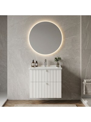 Vitra Root Groove Banyo Dolabı Seti 60 cm Mat Beyaz (69422) + Prime LED Yuvarlak Ayna (67041)