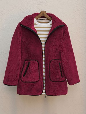 Modamorfo Çift Cepli Fermuarlı Astarlı Peluş Mont  -Bordo