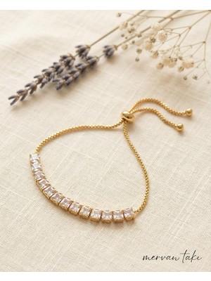 Mervan Takı Gold Renk Zirkon Taşlı Su Yolu Ayarlanabilir Zincirli Bijuteri Bileklik