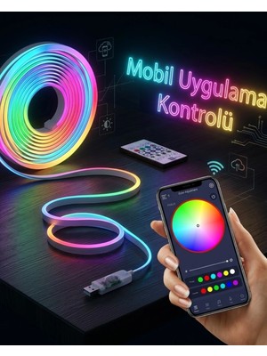 TE Dükkan Buğz Akıllı Rgb LED Neon Şerit Işık 3m USB Bağlantılı Uzaktan Kumanda ve Mobil Uygulama Kontrolü