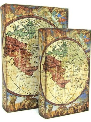 Kutu Kitap Harita 2'li Set Kitap Kutusu Dekoratif Hediyelik