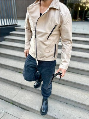 Elku Moda Deri Mont Çapraz Fermuarlı Kemerli Yeni Sezon Cepli Deri Ceket