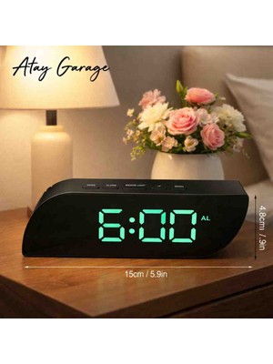Atay Garage LED Aynalı Dijital Masa Saati – Alarm, Erteleme (Snooze), 12/24 Saat – Modern Dekoratif Saat