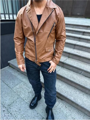 Elku Moda Deri Mont Çapraz Fermuarlı Kemerli Yeni Sezon Cepli Deri Ceket