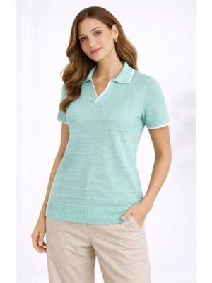 Modi Green Modig Triko Kumaş Yakalı Düğmesiz Açık Yaka Fitilli Kısa Kollu Regular Fit Tişört Tshirt  Mint Yeşili