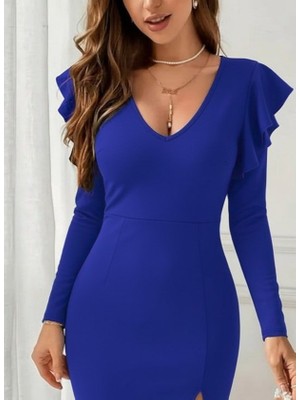 Modi Green Modig Kadın Uzun Kollu V Yakalı Yandan Yırtmaçlı Midi Ithal Krep Elbise