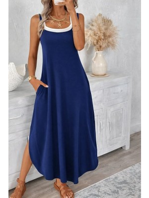 Modi Green Modig Kadın Ip Askılı Yuvarlak Yakalı Cepli Uzun Viskon Elbise