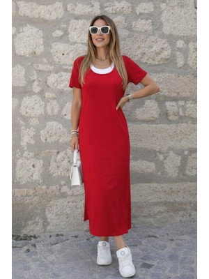 Modi Green Modig Kadın Kısa Kollu Içi Atlet Görünümlü Yandan Yırtmaçlı Uzun Viskon Elbise